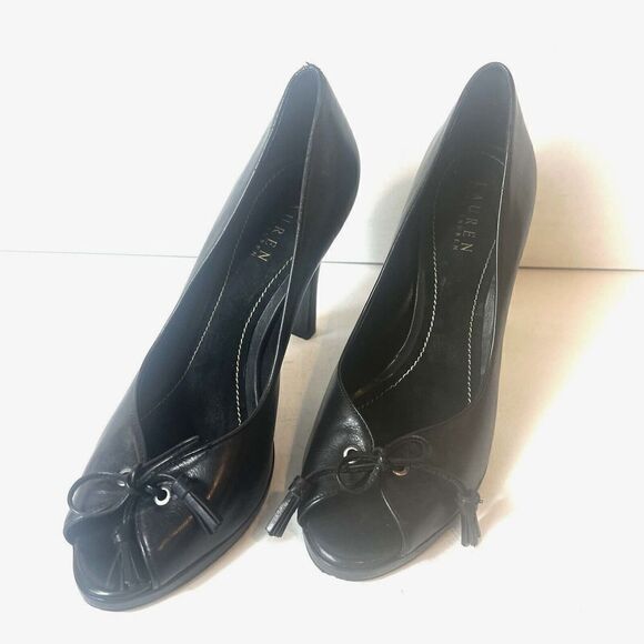 Lauren Ralph Lauren Womens 8.5 B Ultra High Heel Black Leather Peep Toe Tasseled - Picture 1 of 12